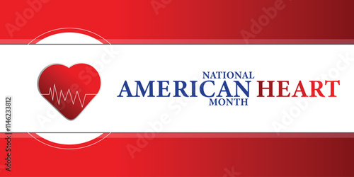 American heart month. Vector banner for social media. Illustration with text American heart month 2025. The U.S. flag in the shape of a heart