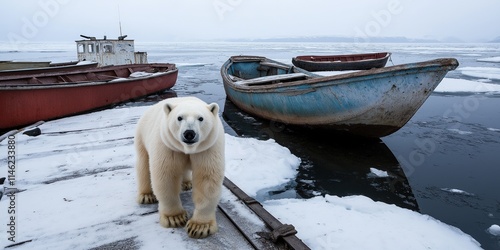 A polar bear climbs onto a dock next to abandoned fishing boats, the diminishing Arctic sea ice driving wildlife closer to human settlements photo