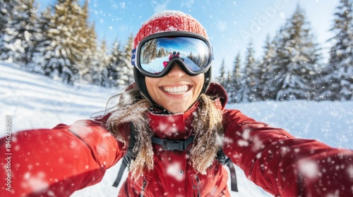 Delighted female skier takes a selfie portrait on a perfectly groomed ski slope in a mountain winter resort