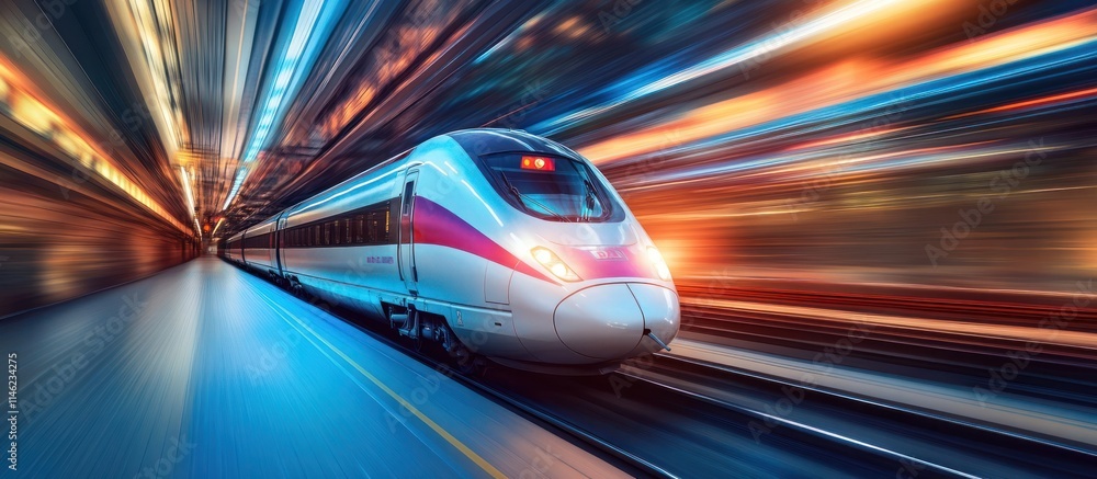 A high-speed train in motion, showcasing advanced transport technology and vibrant surroundings. A high-speed train in motion, showcasing advanced transport technology and vibrant surroundings.