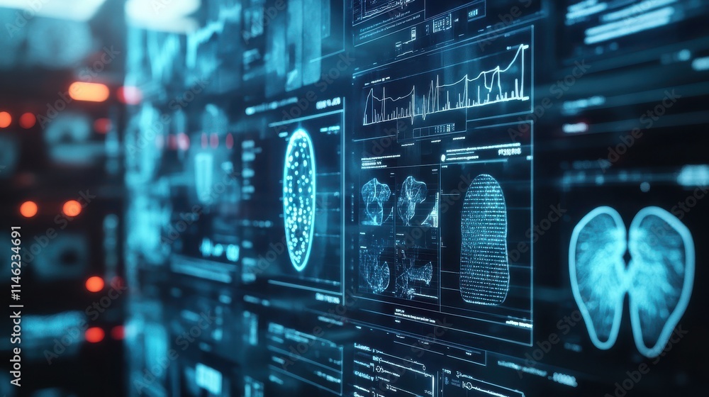 Abstract medical interface hologram on blurry dark background. Medicine and communication concept. 3D Rendering Abstract medical interface hologram on blurry dark background. Medicine and communication concept. 3D Rendering