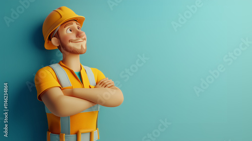 a cartoon worker wearing safety clothes, arms crossed on the side of a wall with space for text on a blank background
