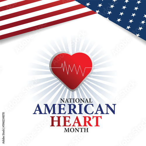 American heart month. Vector banner for social media. Illustration with text American heart month 2025. The U.S. flag in the shape of a heart