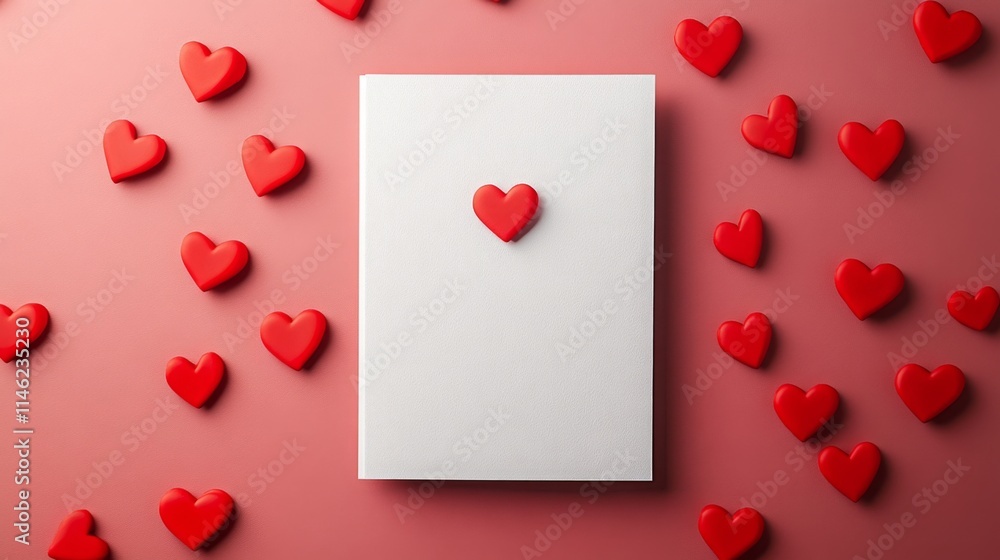 Scattered red heart shapes frame a white notebook placed on a soft pink surface. The arrangement creates a playful and romantic atmosphere, ideal for creative writing or journaling. Scattered red heart shapes frame a white notebook placed on a soft pink surface. The arrangement creates a playful and romantic atmosphere, ideal for creative writing or journaling.
