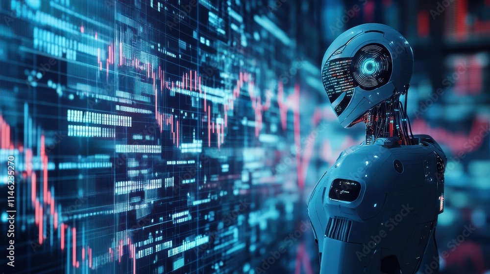 Artificial intellingence trading concept with robot silhouette at blue background and forex chart data with financial graphs inside. Double exposure. 3D rendering Artificial intellingence trading concept with robot silhouette at blue background and forex chart data with financial graphs inside. Double exposure. 3D rendering