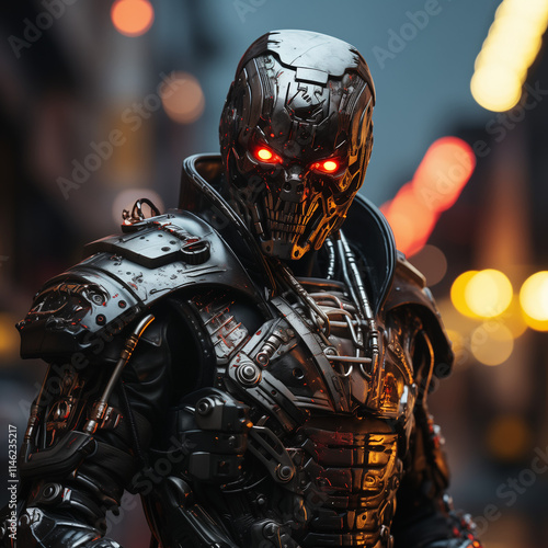 Robotic cyber warrior digital avatar with glowing red eyes