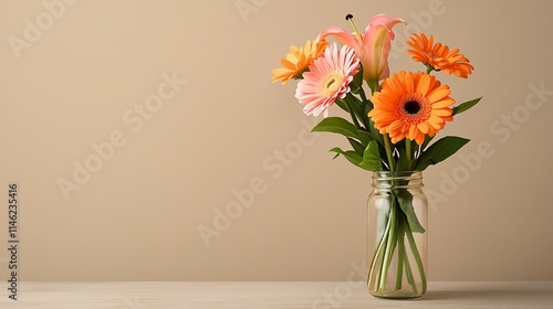Wallpaper Mural Orange and pink gerbera daisies and lily bouquet in a glass jar on a wooden table against a beige background. Torontodigital.ca
