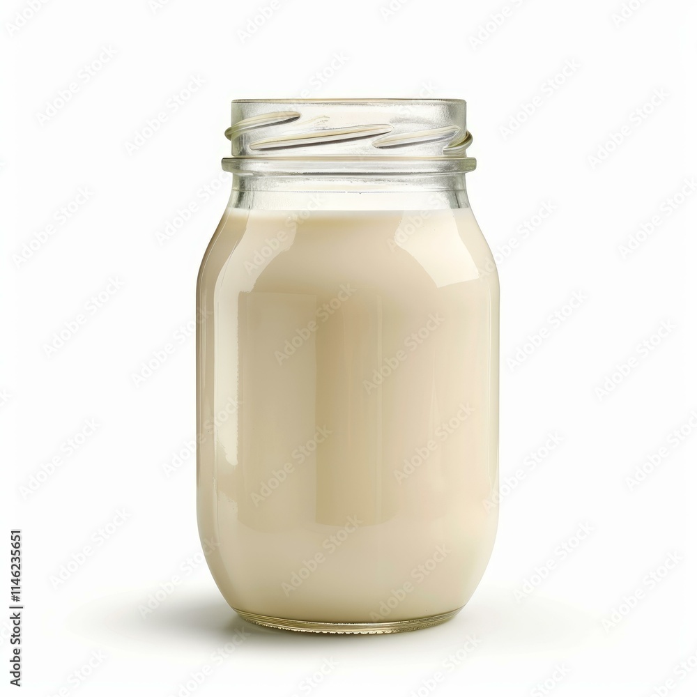Glass jar containing yogurt isolated on a white background, promoting healthy eating habits Glass jar containing yogurt isolated on a white background, promoting healthy eating habits