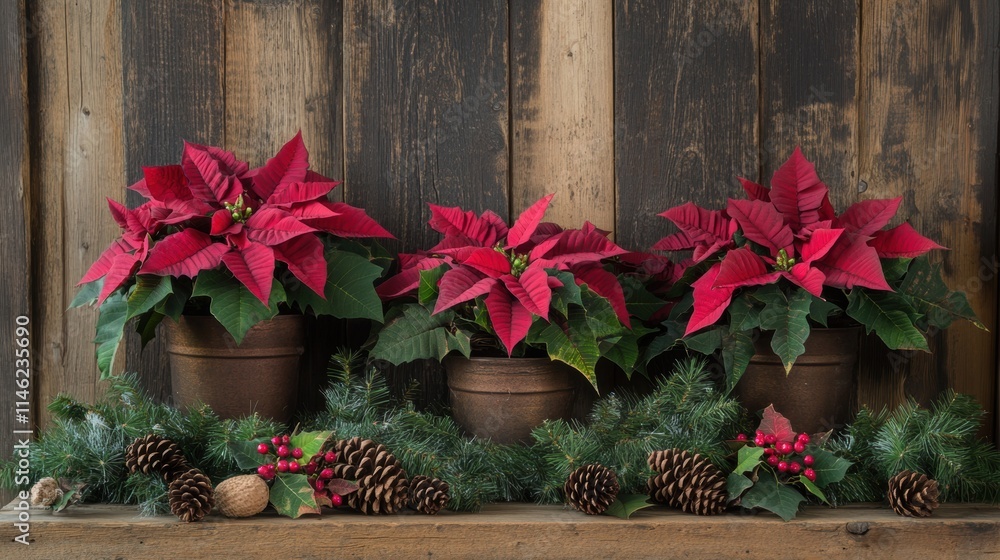 Fototapeta premium Red Poinsettia Plants with Pinecones and Greenery on Wooden Table