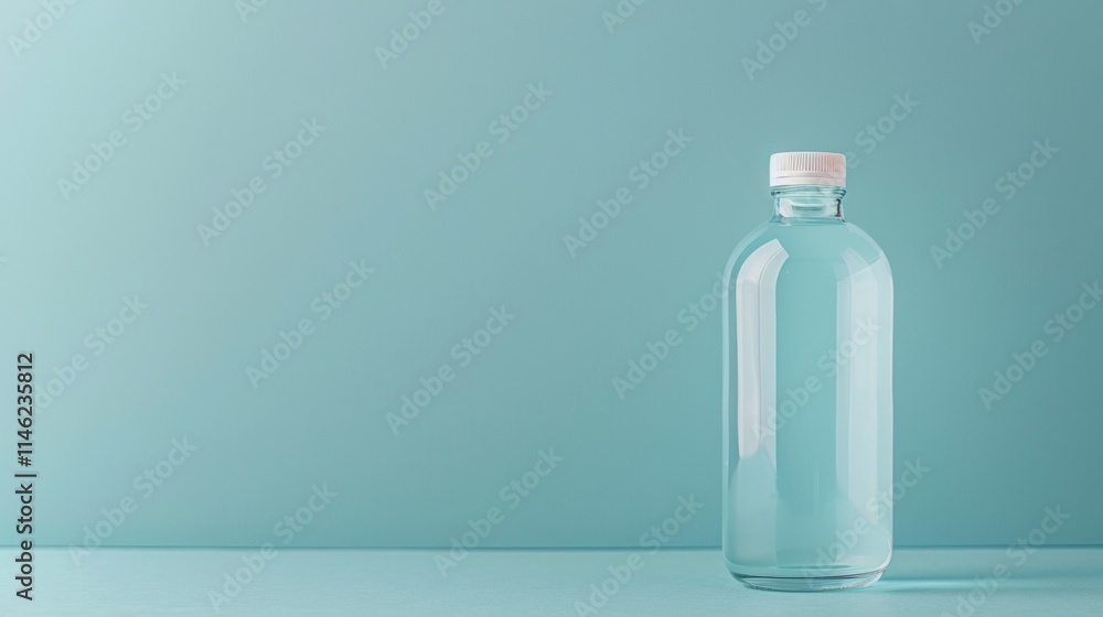 Minimalist blue background with a clear water bottle in focus Minimalist blue background with a clear water bottle in focus