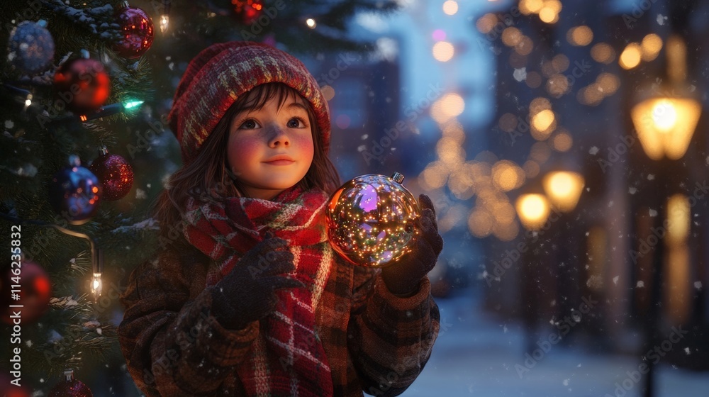 Child Enjoying a Magical Winter Evening with a Christmas Ornament in Hand, Surrounded by Lights and Snow. Child Enjoying a Magical Winter Evening with a Christmas Ornament in Hand, Surrounded by Lights and Snow.
