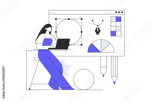 Web design studio Woman Character working on laptop , new project visualization. Creative or educational process. Freelancer, designer. Trendy Flat Cartoon Vector Illustration, icon. Stylish abstract 