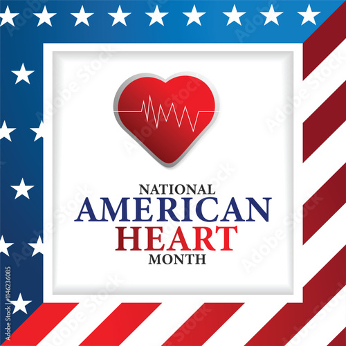 American heart month. Vector banner for social media. Illustration with text American heart month 2025. The U.S. flag in the shape of a heart