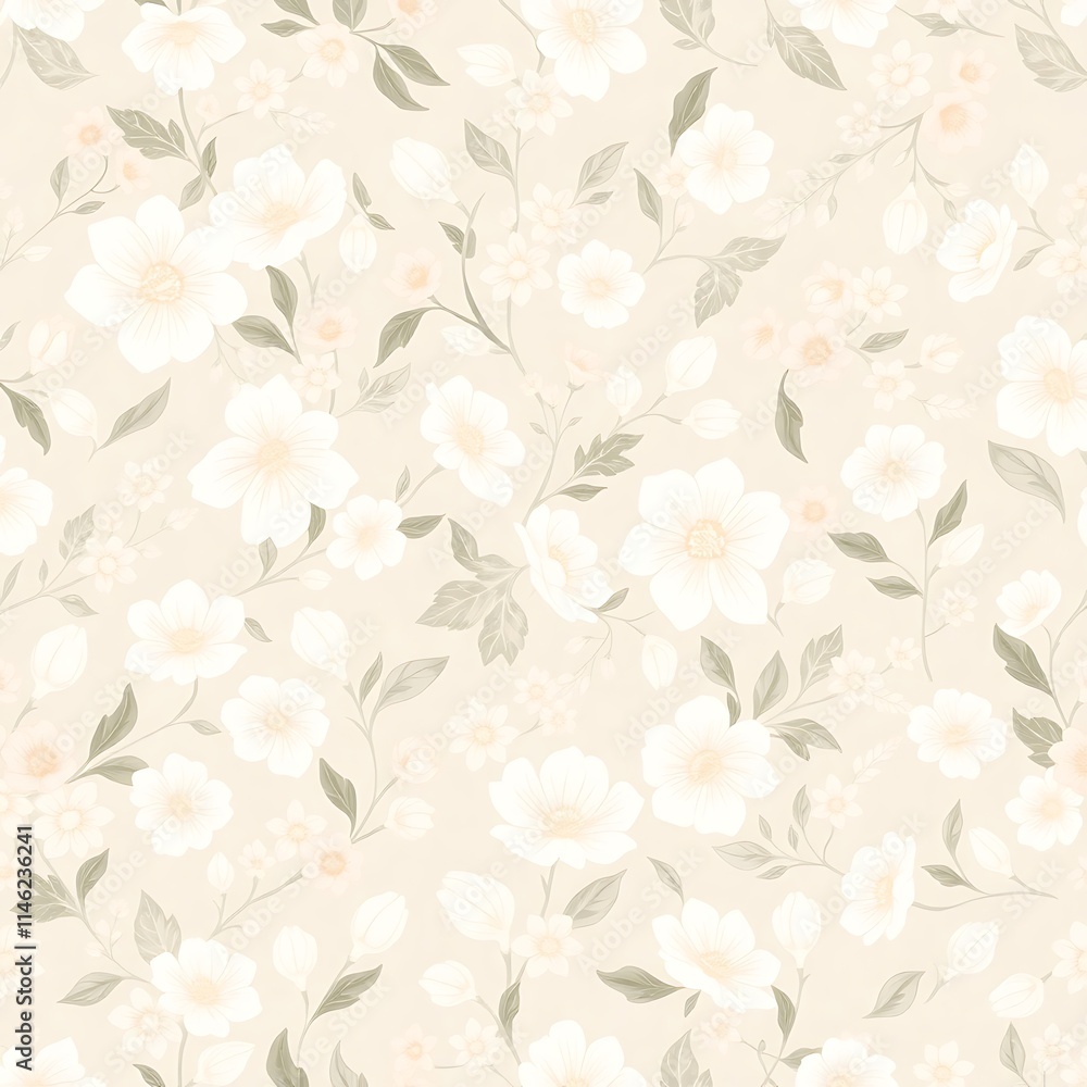 Fototapeta premium Creamy Floral Dream: Delicate white blossoms and olive green leaves dance across a soft beige background in this enchanting seamless pattern.