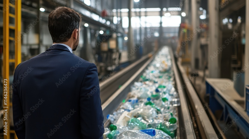 Businessman watching plastic on conveyor belt in recycling plant Businessman watching plastic on conveyor belt in recycling plant