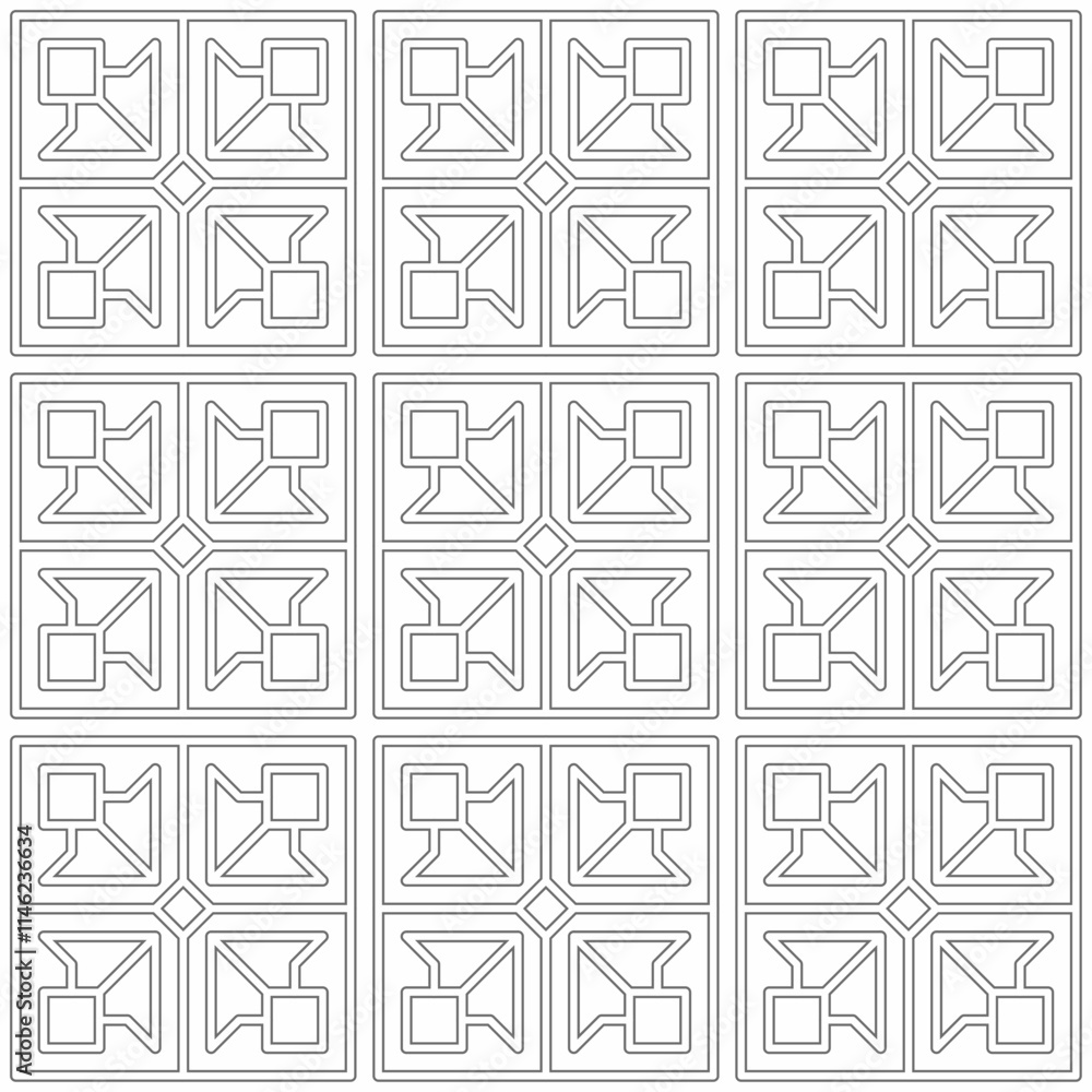 Seamless geometric pattern consisting of straight lines and simple geometric shapes in a grid layout. Suitable for backgrounds, interior decoration, textiles and various creative projects. Seamless geometric pattern consisting of straight lines and simple geometric shapes in a grid layout. Suitable for backgrounds, interior decoration, textiles and various creative projects.