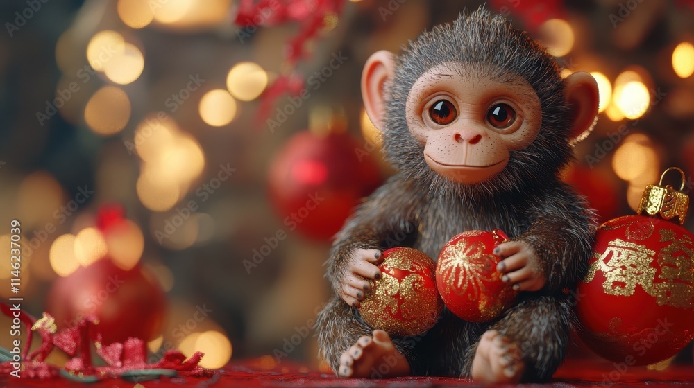 Chinese lunar new year ornaments toy of monkey on festive background Chinese lunar new year ornaments toy of monkey on festive background