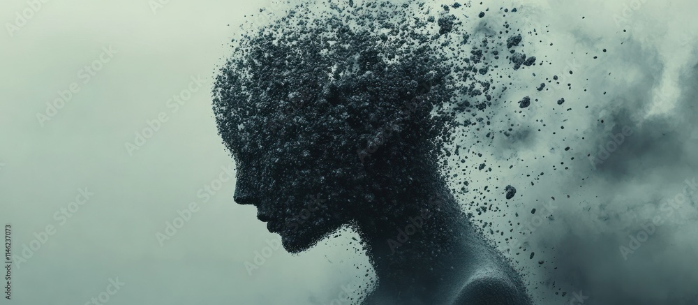 A silhouette of a person dissolving into particles, symbolizing thoughts or identity loss. A silhouette of a person dissolving into particles, symbolizing thoughts or identity loss.