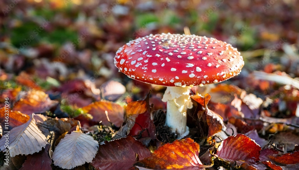 close-up of bright red fly agaric mushroom with white spots surrounded by colorful autumn leaves
close-up of bright red fly agaric mushroom with white spots surrounded by colorful autumn leaves