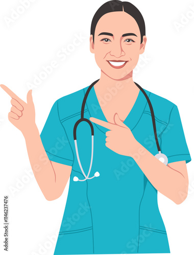 A doctor points to the left with a stethoscope on his shoulder
