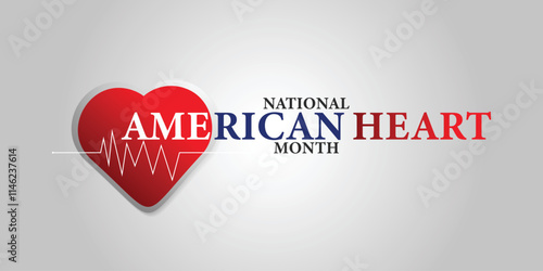 American heart month. Vector banner for social media. Illustration with text American heart month 2025. The U.S. flag in the shape of a heart