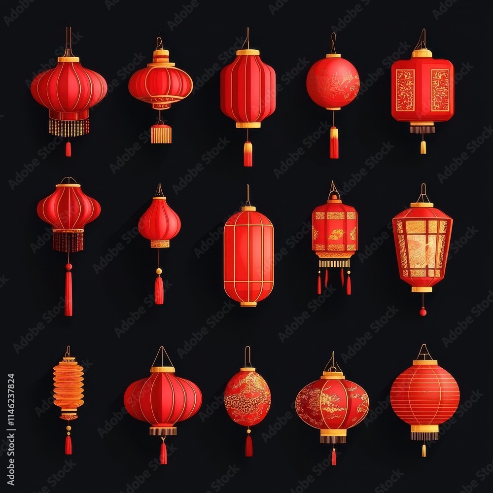 Chinese New Year Icons vector set. Chinese paper lantern and red lamp isolated icons of Asian Lunar New Year holiday decoration vector. Oriental culture tradition illustration. Chinese New Year Icons vector set. Chinese paper lantern and red lamp isolated icons of Asian Lunar New Year holiday decoration vector. Oriental culture tradition illustration.