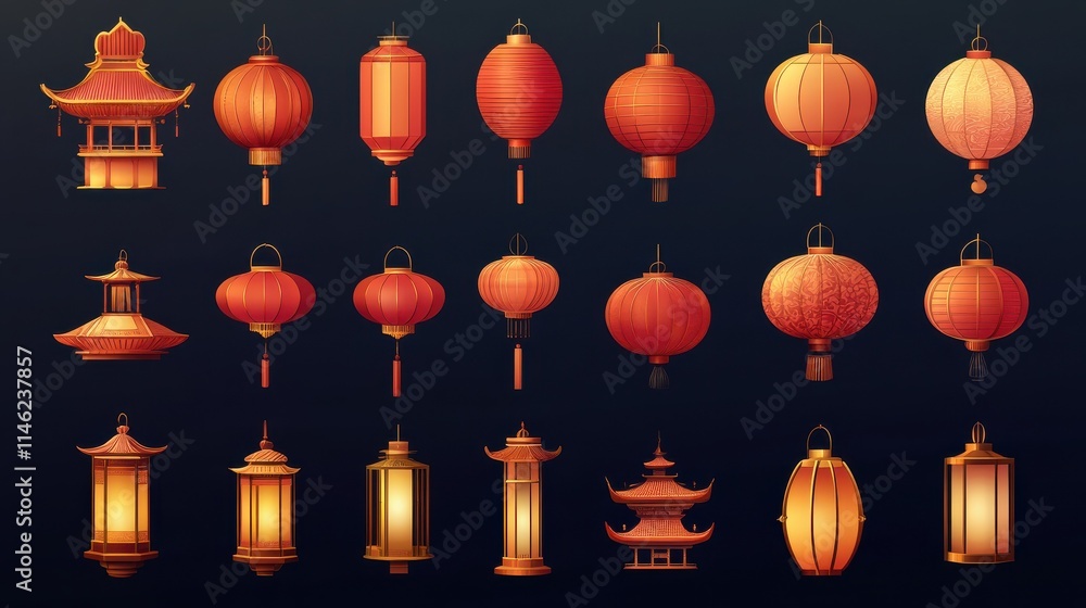 Chinese New Year Icons vector set. Chinese paper lantern and red lamp isolated icons of Asian Lunar New Year holiday decoration vector. Oriental culture tradition illustration. Chinese New Year Icons vector set. Chinese paper lantern and red lamp isolated icons of Asian Lunar New Year holiday decoration vector. Oriental culture tradition illustration.