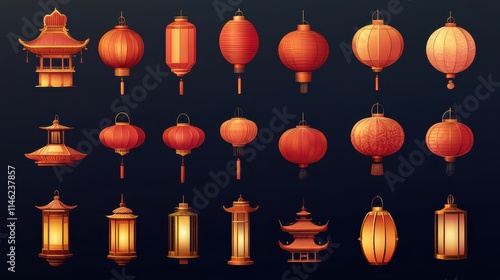 Chinese New Year Icons vector set. Chinese paper lantern and red lamp isolated icons of Asian Lunar New Year holiday decoration vector. Oriental culture tradition illustration.
