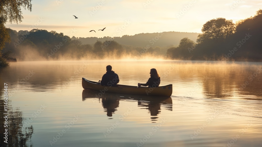 Serene Morning on the Water: A Couple Canoeing Beneath the Dawn Sky Serene Morning on the Water: A Couple Canoeing Beneath the Dawn Sky