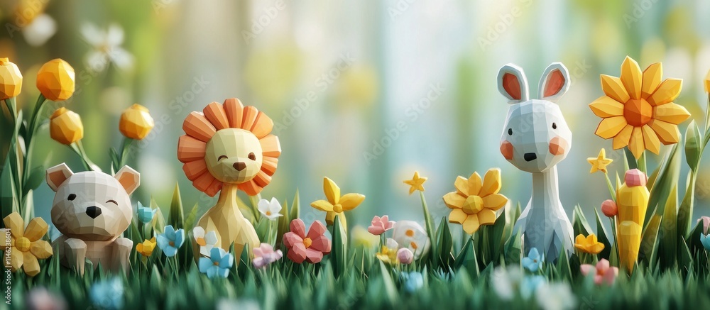 A whimsical scene featuring cute, low-poly animal characters among vibrant flowers. A whimsical scene featuring cute, low-poly animal characters among vibrant flowers.