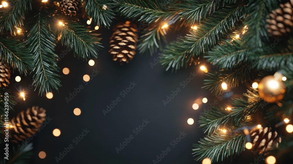 Christmas border. Holiday garland isolated on background. Christmas tree branches, lights and cones. Festive banner design Christmas border. Holiday garland isolated on background. Christmas tree branches, lights and cones. Festive banner design