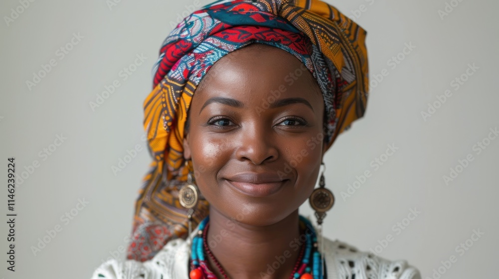 Close-up portrait of a smiling African woman wearing a colorful headwrap and jewelry. Close-up portrait of a smiling African woman wearing a colorful headwrap and jewelry.