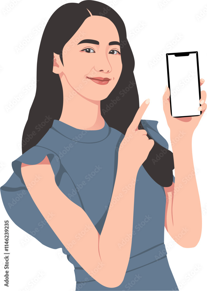Portrait of a smiling woman holding her smartphone and pointing at the smartphone isolated on a white background Portrait of a smiling woman holding her smartphone and pointing at the smartphone isolated on a white background