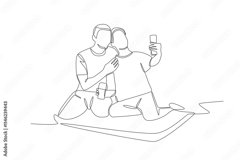 Couple taking selfie during picnic. Picnicking outdoors concept one-line drawing Couple taking selfie during picnic. Picnicking outdoors concept one-line drawing