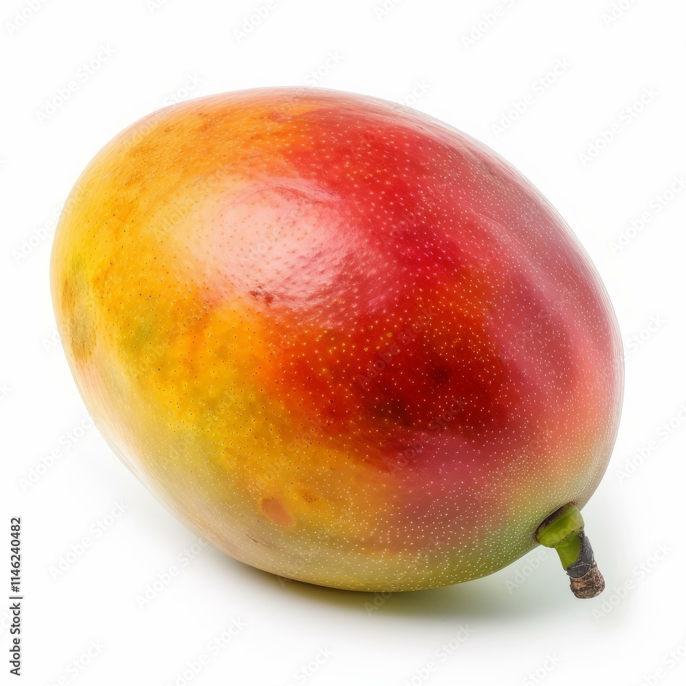 Whole mango fruit with stem showing vibrant yellow, orange, and red colors, isolated on white background Whole mango fruit with stem showing vibrant yellow, orange, and red colors, isolated on white background