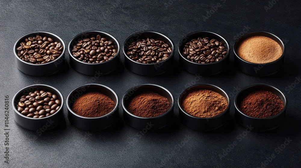 Coffee Beans And Grounds In Small Black Bowls Coffee Beans And Grounds In Small Black Bowls
