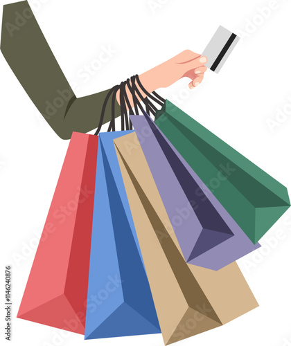 Woman's hands carrying many shopping bags and credit cards