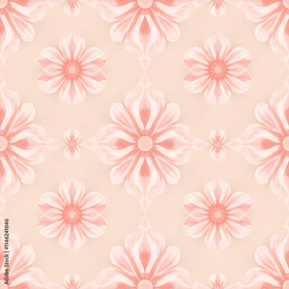 Fototapeta premium Delicate Floral Pattern: A seamless pattern featuring delicate peach and white stylized flowers on a soft peach background.