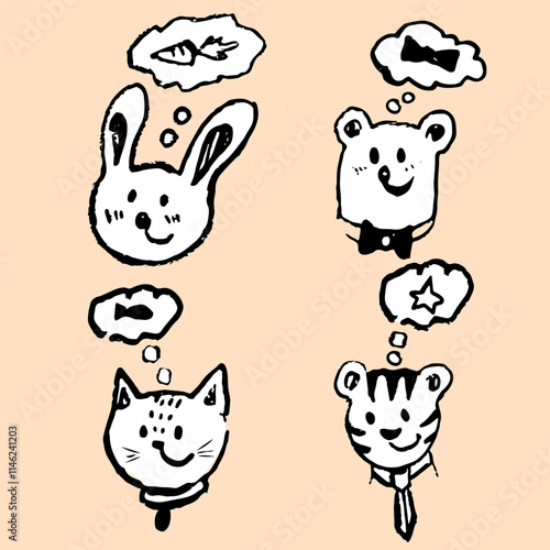 Different animals in frames, vector isolated, hand draw with texture, bunny, cat, tiger and bear and their wishes. Funny and stylish Black and white