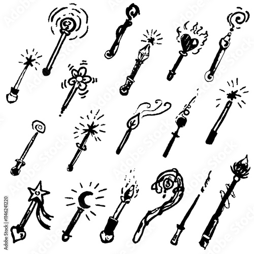 Different magic wands, black and white . Vector graphic isolated, doodle, hand draw, with texture