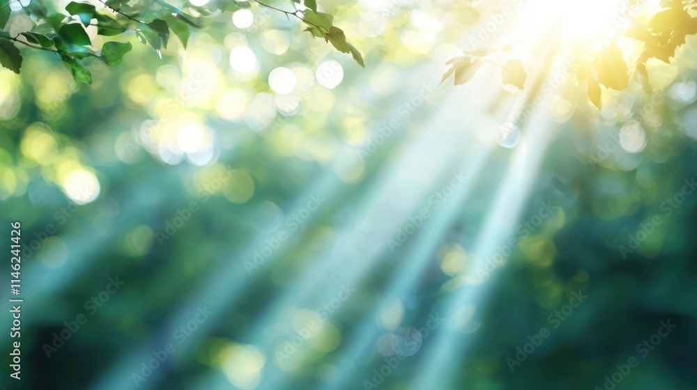 Obraz premium Sunlight streaming through leaves in a lush forest nature photography serene environment close-up view tranquility concept