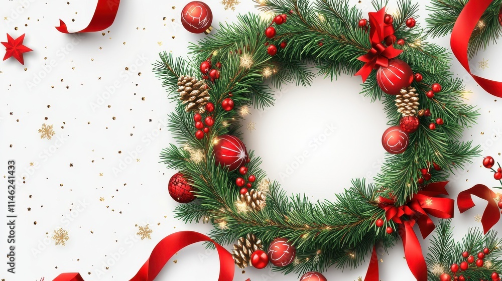 Christmas wreath background. Merry Christmas and Happy New Year lettering greeting card design with pine tree branch, balls, ribbons, garland wreath. Winter celebration banner vector illustration