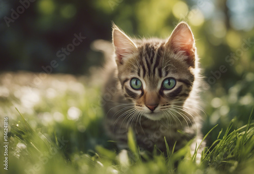 Beneath the dappled sunlight in a verdant garden a young tabby kitten with mesmerizing eyes explores