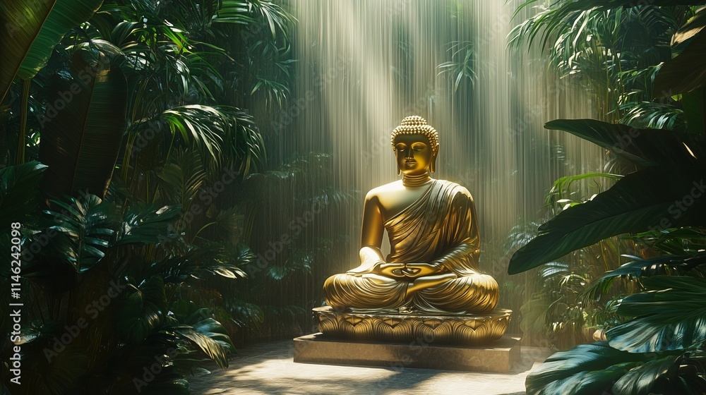 Serene ambiance is heightened by a golden Buddha statue Serene ambiance is heightened by a golden Buddha statue
