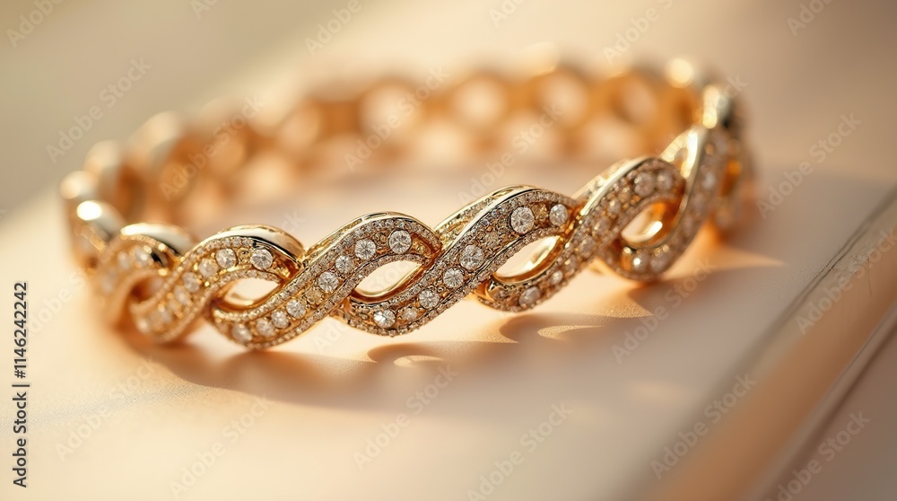 Elegant Gold Bracelet with Intricate Diamond-Studded Design in Soft Focus Elegant Gold Bracelet with Intricate Diamond-Studded Design in Soft Focus