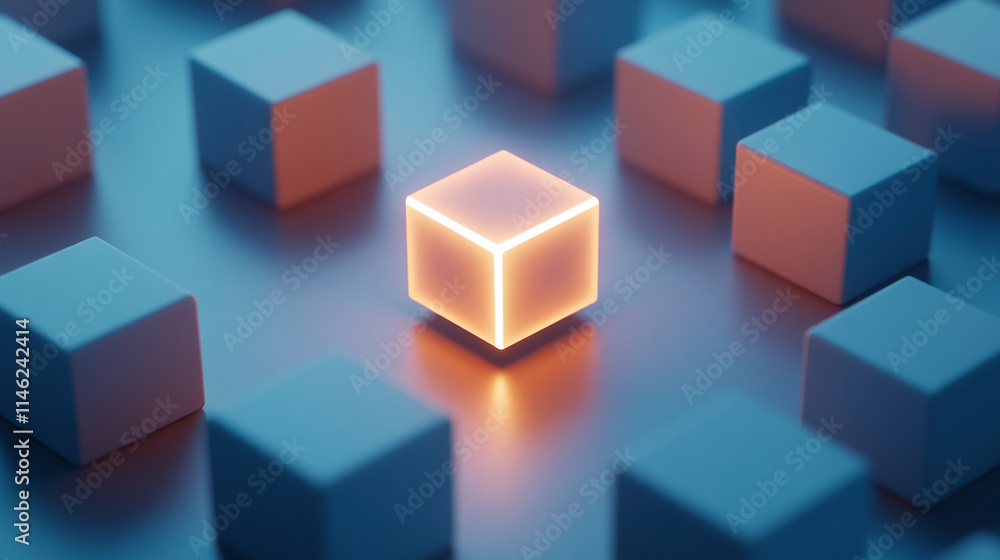 Illuminated Cube Among Matte Blocks on a Clean Blue Backdrop Illuminated Cube Among Matte Blocks on a Clean Blue Backdrop