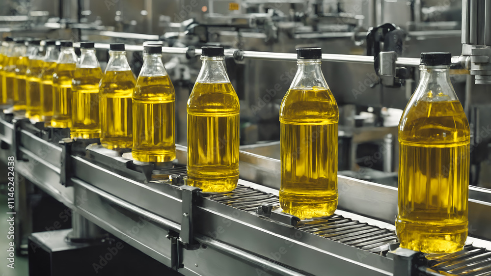 Beverage factory, Conveyor belt with juice in bottles Beverage factory, Conveyor belt with juice in bottles