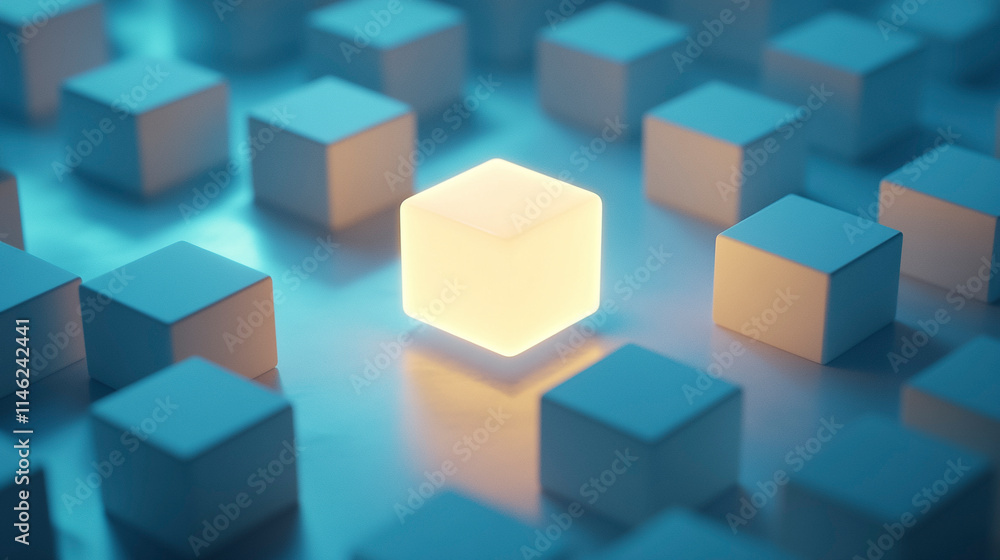 Illuminated Cube Among Matte Blocks on a Clean Blue Backdrop Illuminated Cube Among Matte Blocks on a Clean Blue Backdrop