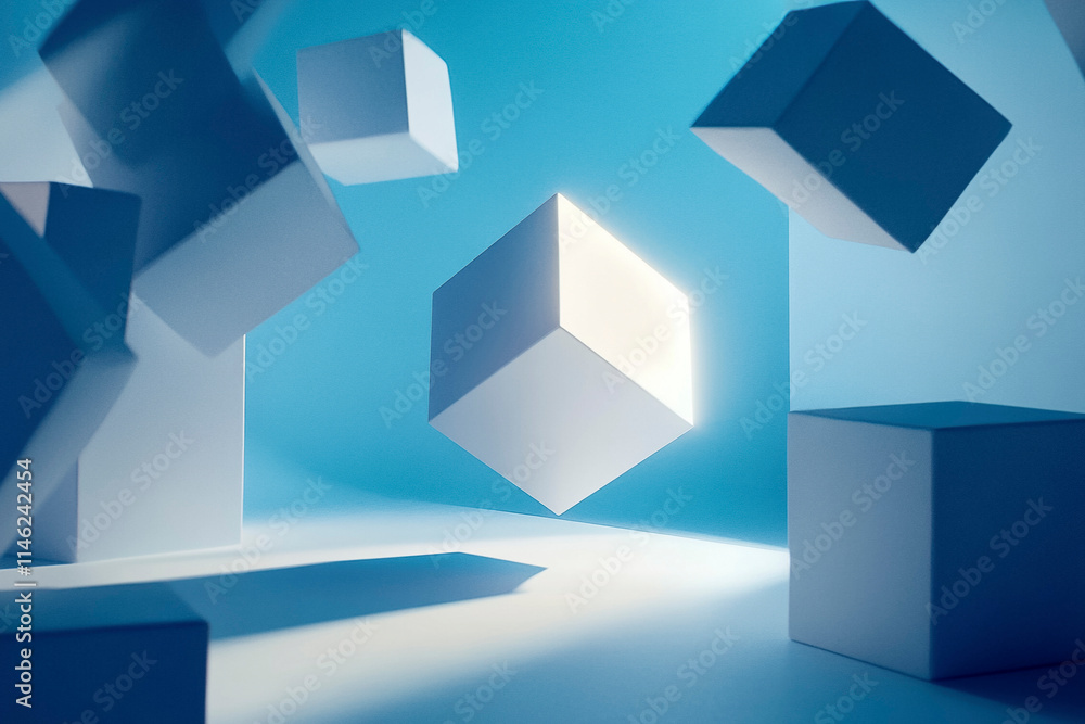 Illuminated Cube Among Matte Blocks on a Clean Blue Backdrop Illuminated Cube Among Matte Blocks on a Clean Blue Backdrop