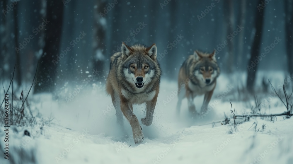 Wolves running through snowy terrain in a forest Wolves running through snowy terrain in a forest
